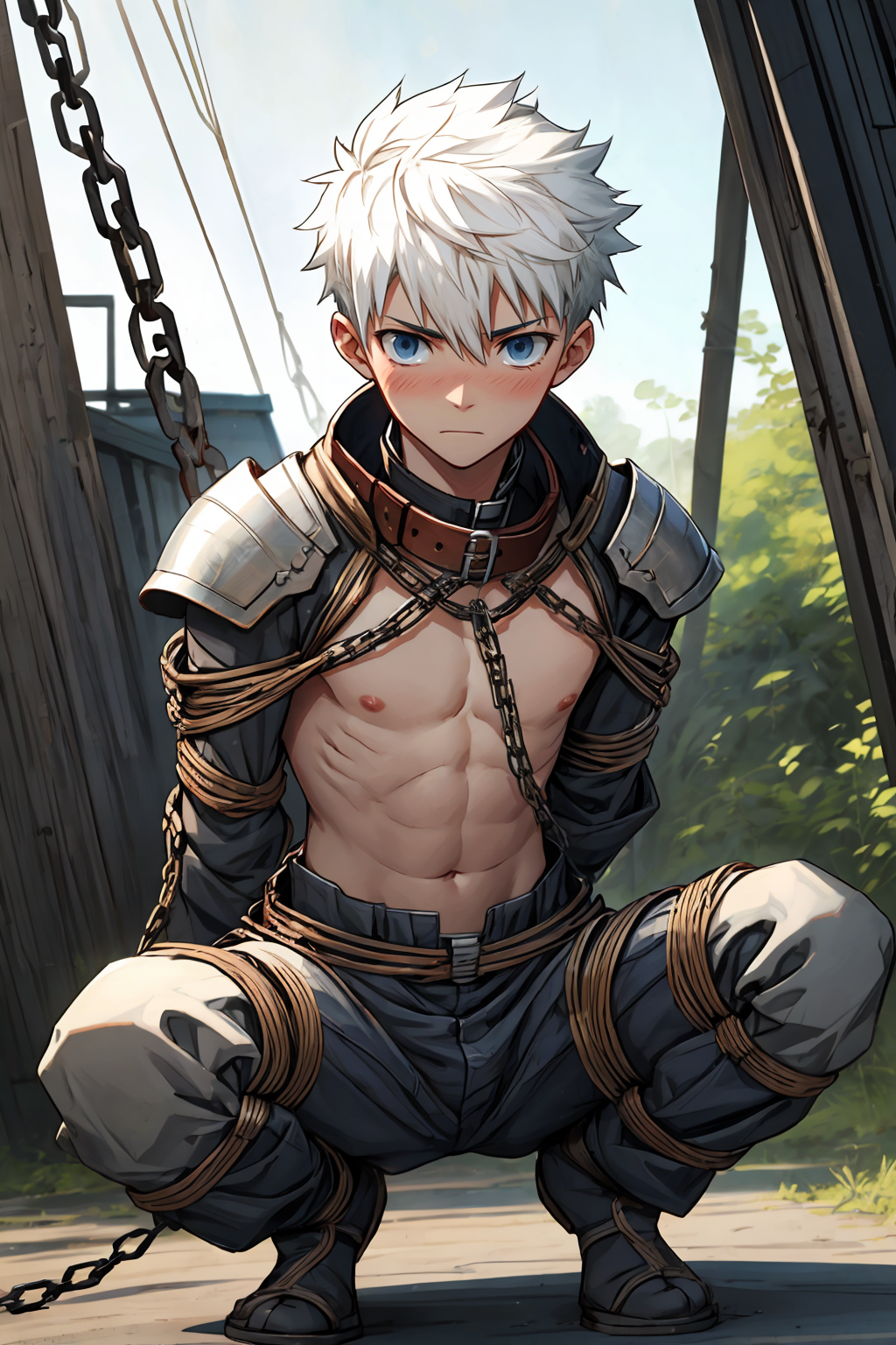 15017-1187601059-1boy one knee, emiya shirou, ([white_black] hair), black hair,  short hair,  blue eyes,  sideburns,  hair between eyes, (cute),.png